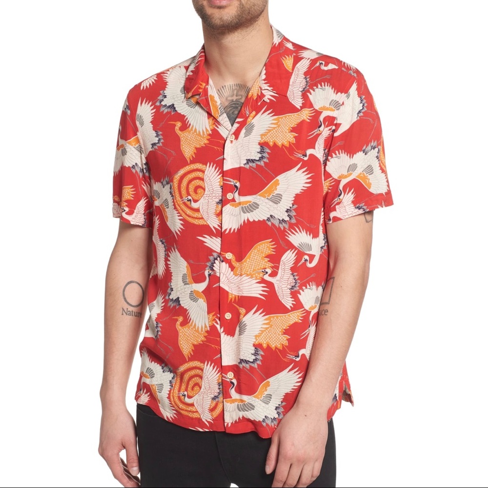 Men’s All Saints Red Tsuru Hawaiian Print Shirt